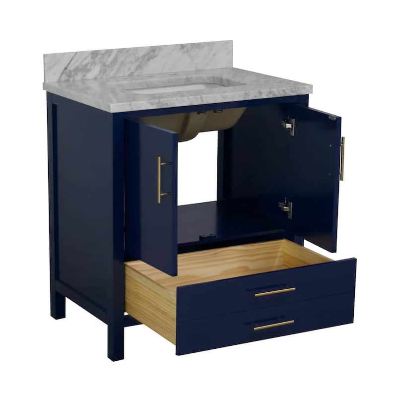 KitchenBathCollection California 30" Bathroom Vanity with Carrara Marble Top