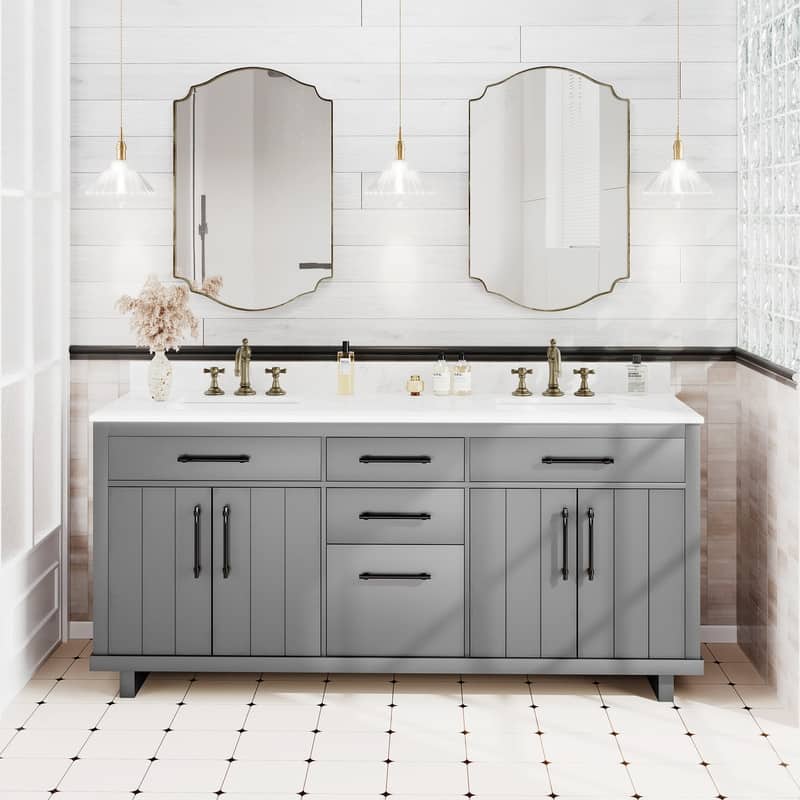 72-inch Double Bathroom Vanities with 2 Integrated Rectangular Sinks - Grey