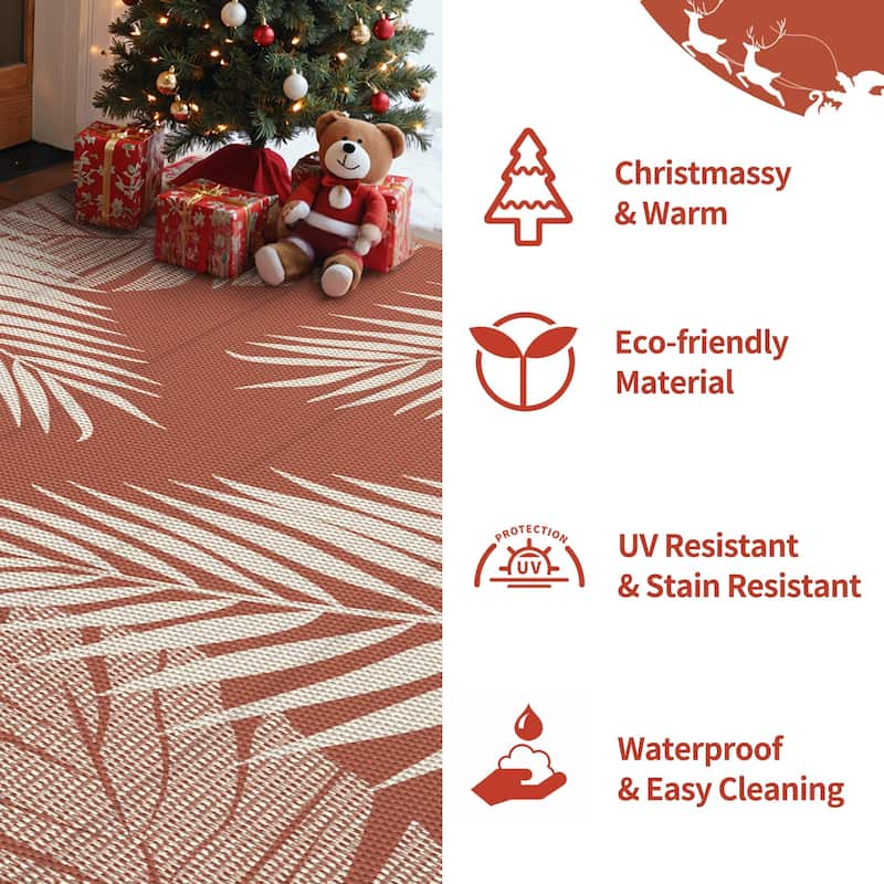 Reversible Outdoor Rug - Brick & Red Palm Leaf Design