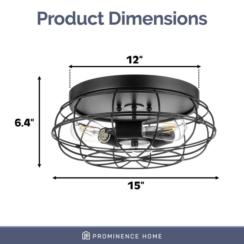 Prominence Home Lincoln Woods Matte Black Industrial Flushmount Light Fixture, Wire Cage Flushmount