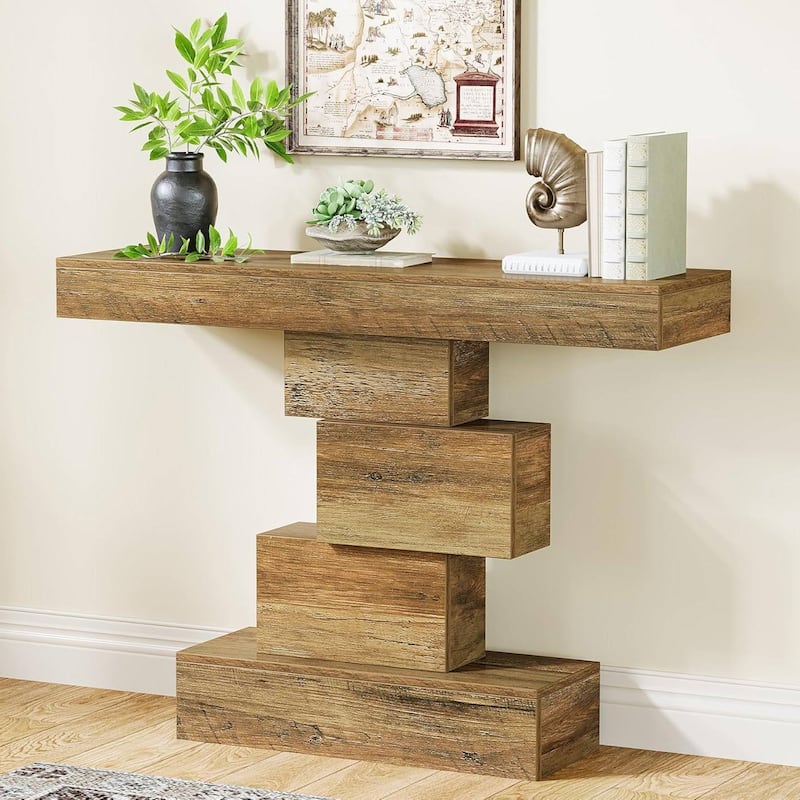 Modern 42-Inch Sofa Table with Rustic Wood Grain Finish and Geometric Base for Hallway or Living Room - LightBrown
