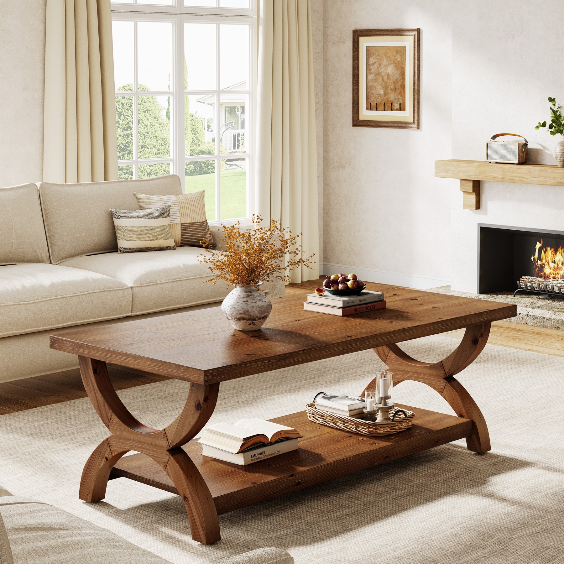 47-inch Solid Wood Coffee Table with Storage Shelf for Living Room
