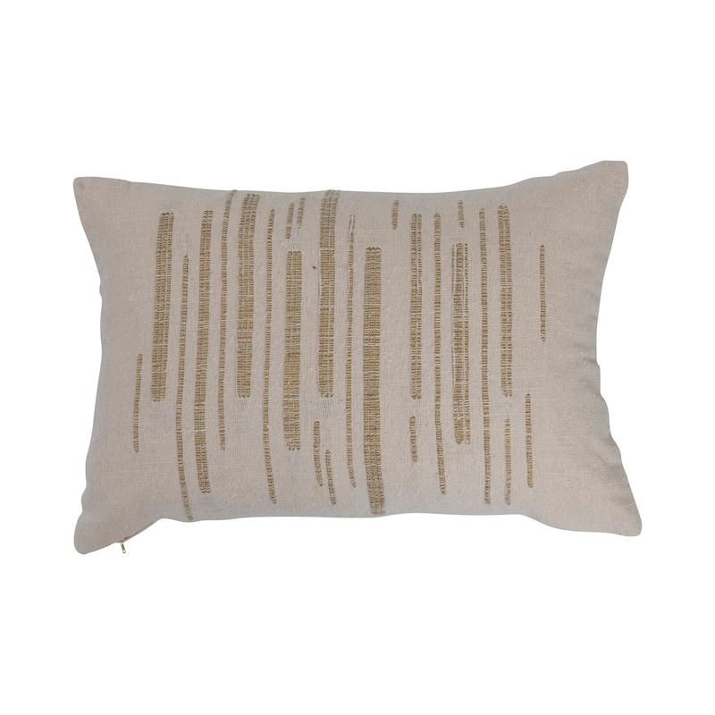 Woven Cotton Slub Lumbar Pillow with Gold Metallic Thread Embroidery