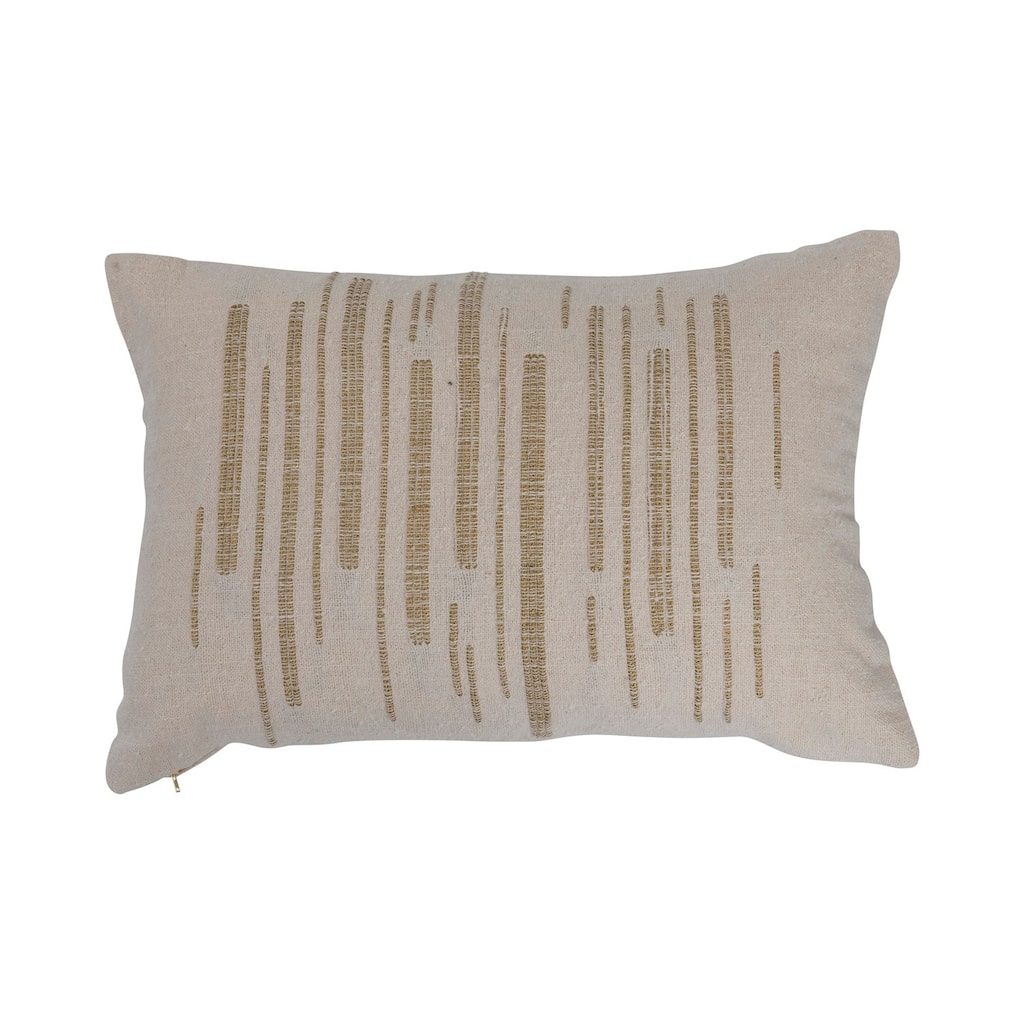 Woven Cotton Slub Lumbar Pillow with Gold Metallic Thread Embroidery