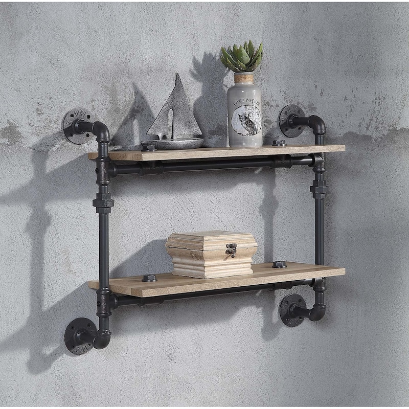 Floating Wood Wall Shelf with Metal Tube in Oak and Sandy Black