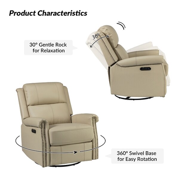 Renato Traditional Genuine Leather Nailhead Power Swivel Recliner