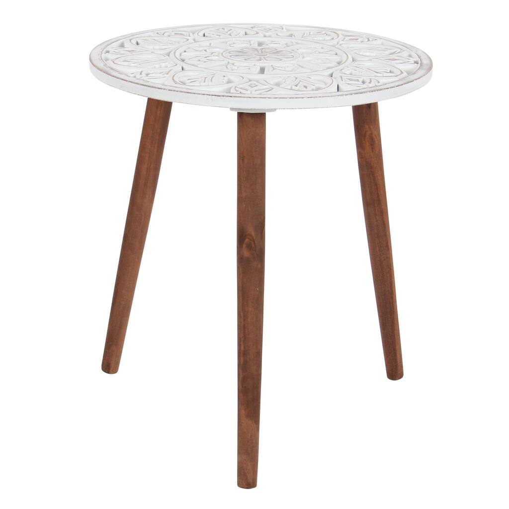 Wood Floral Handmade Intricately Carved Side End Accent Table with 3 Slender Legs - White - Roche River Decor