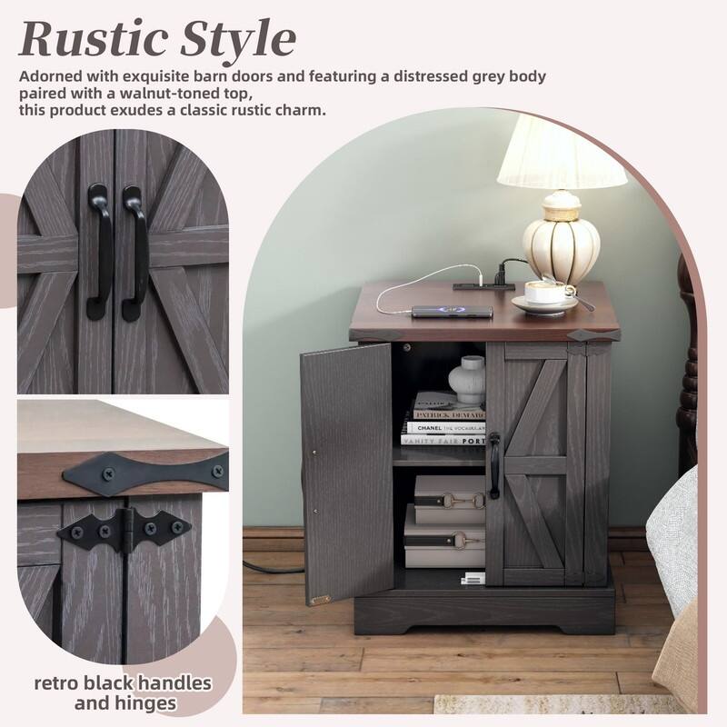 Farmhouse Nightstand with Charging Station, Rustic Bedside Table with Shelf