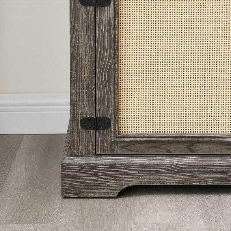 TV Stand for TVs up to 70" with Natural Rattan Doors, 2 Storage Cabinets, 3 Adjustable Shelves, Multifunctional Console Table