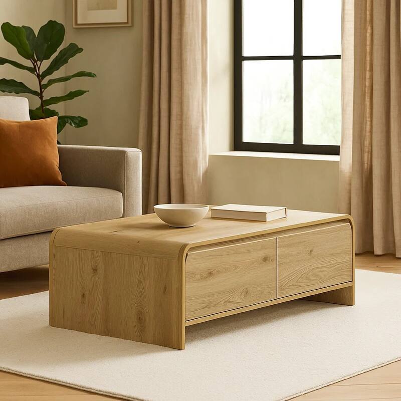 Maria Coffee Table, 2 Drawer and Waterfall Style, Beige Wood 47 Inch