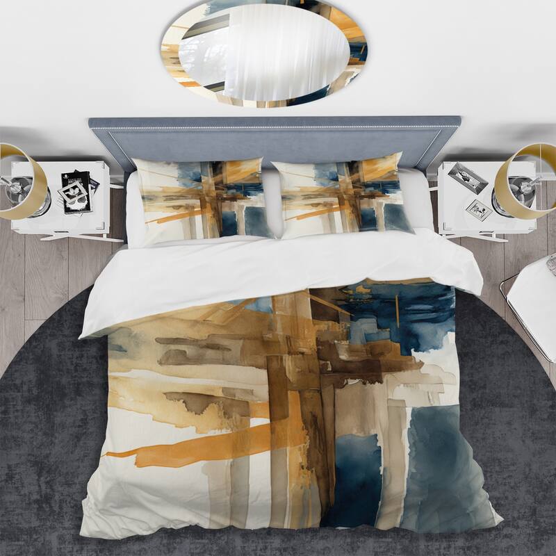Designart "Modern Watercolor Abstract I" Blue Modern - Bedding Cover Set With Shams