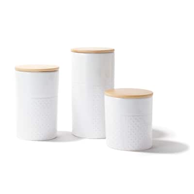 Dots Embossed Canisters With Bamboo Lid, Set Of 3 - 8.2, 6.5, 4.75 inches x 4.25 inches dia.