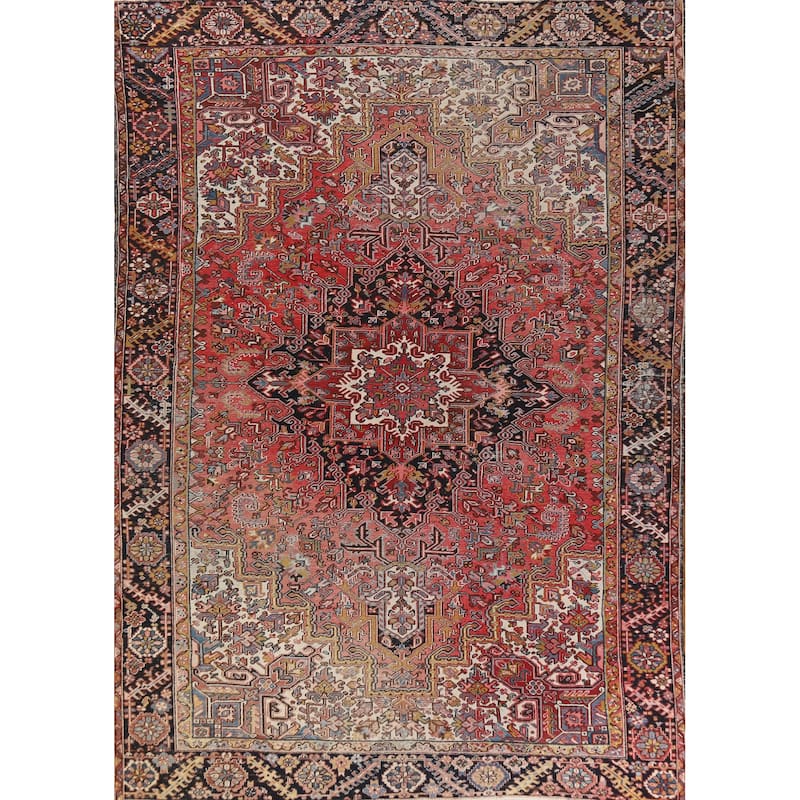 Geometric Heriz Serapi Persian Area Rug Hand-Knotted Wool Carpet - 9'6" x 12'9"