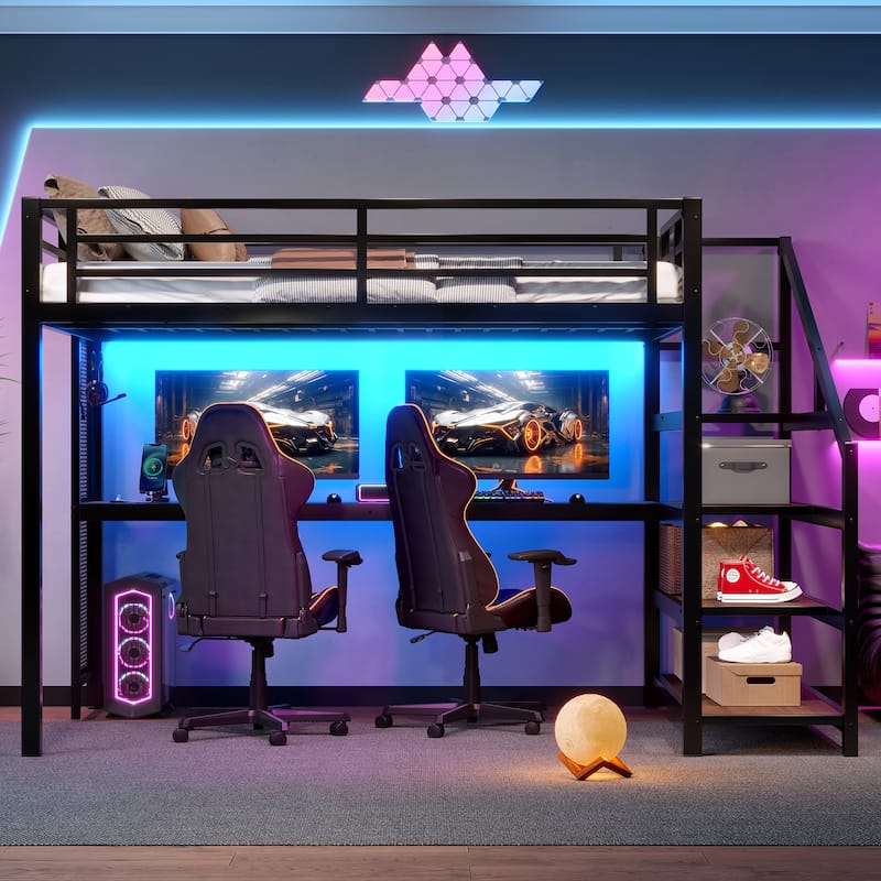 Full Loft Bed with Desk and Storage Stairs, Metal Loft Beds with LED Lights, USB Ports, Multifunctional Iron Nets