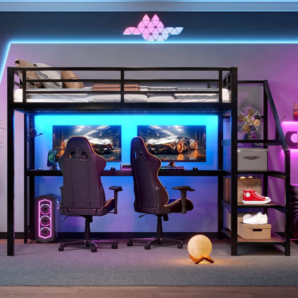 Metal High Loft Bed, Modern LED Loftbed Frame with Desk and Charging Station, Noise Free, Heavy Duty Metal Slat Support