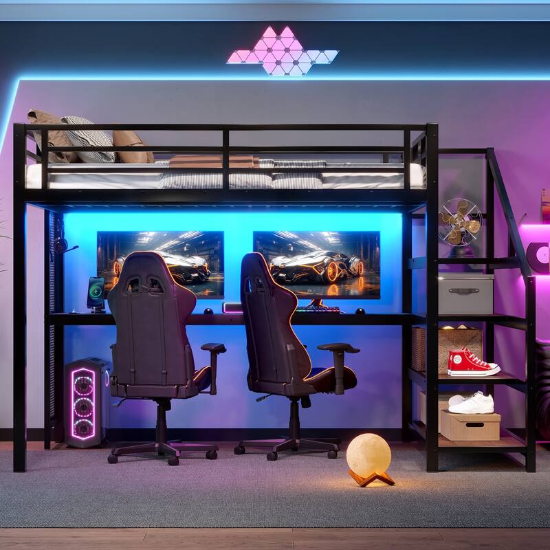 Space-Saving Full Size Loft Bed for Bedroom or Dorm with Desk, Storage Stairs, LED Lights, Charging Station and Net Board - Black - Full
