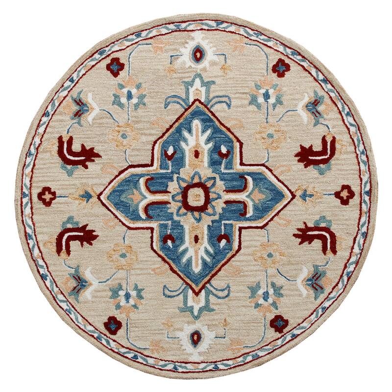 Sevita Beige/Blue Medallion Round Area Rug - 4'10" Round