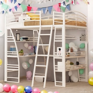 Full Size Loft Bed With Shelves,Desk,Sockets,USB Ports,Wireless Charging