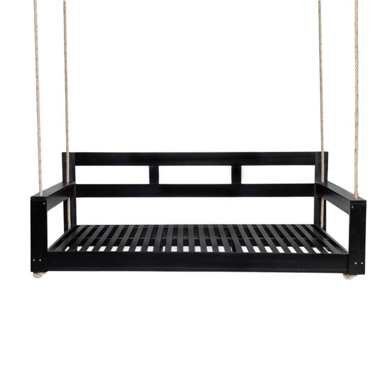 Patio Wood Twin Size Swing Bench with Hanging Ropes(No Cushion,Pillow)
