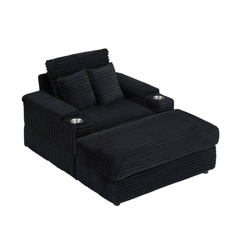 Black Corduroy Single Sofa with Pillows and Ottoman