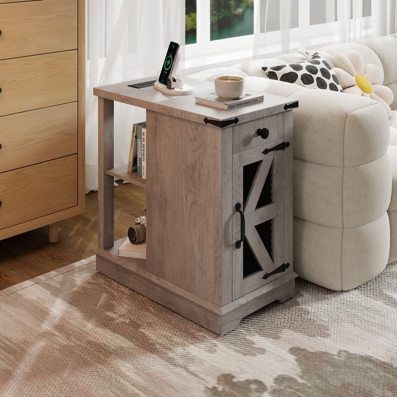 Side Table with Charging Station with Storage Shelf and Drawers - Grey