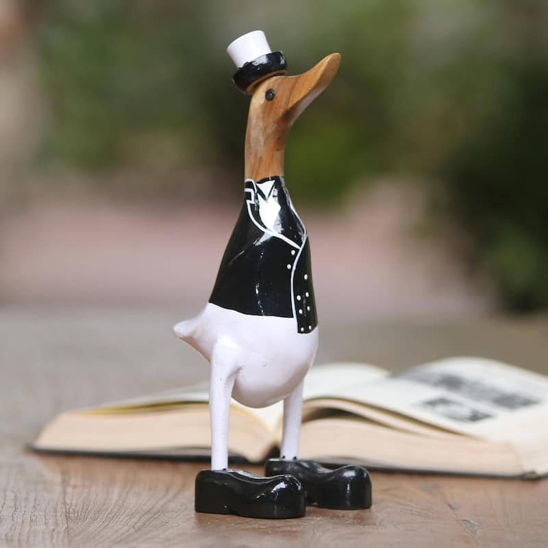 Novica Handmade Captain Duck In Black Wood And Bamboo Root Sculpture - 13.5" H x 5.5" W x 5.5" D