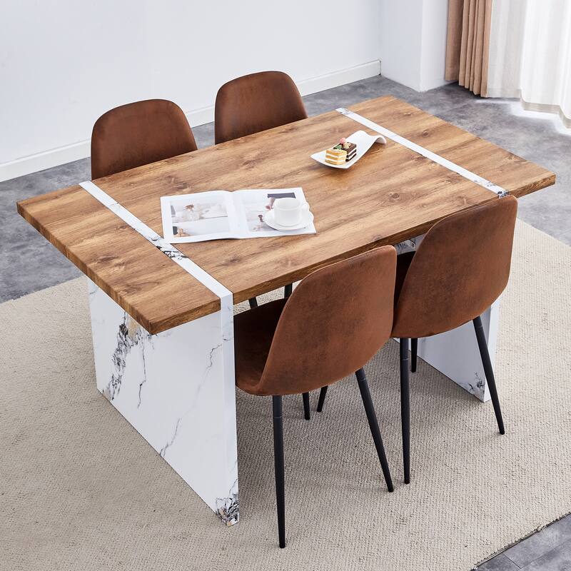 Natural Wood Grain Mdf Dining Table,Wood Textured Desktop,Marble Patterned Table Legs