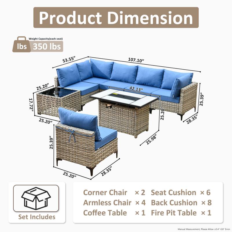 XIZZI 8-Piece Outdoor Wicker Furniture Sectional Set with Firepit