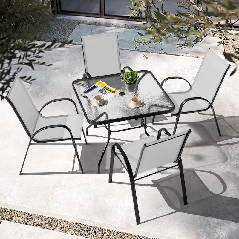 5-Piece Outdoor Dining Set, Textilene Stackable Chairs ang Square Table with Umbrella Hole - Grey