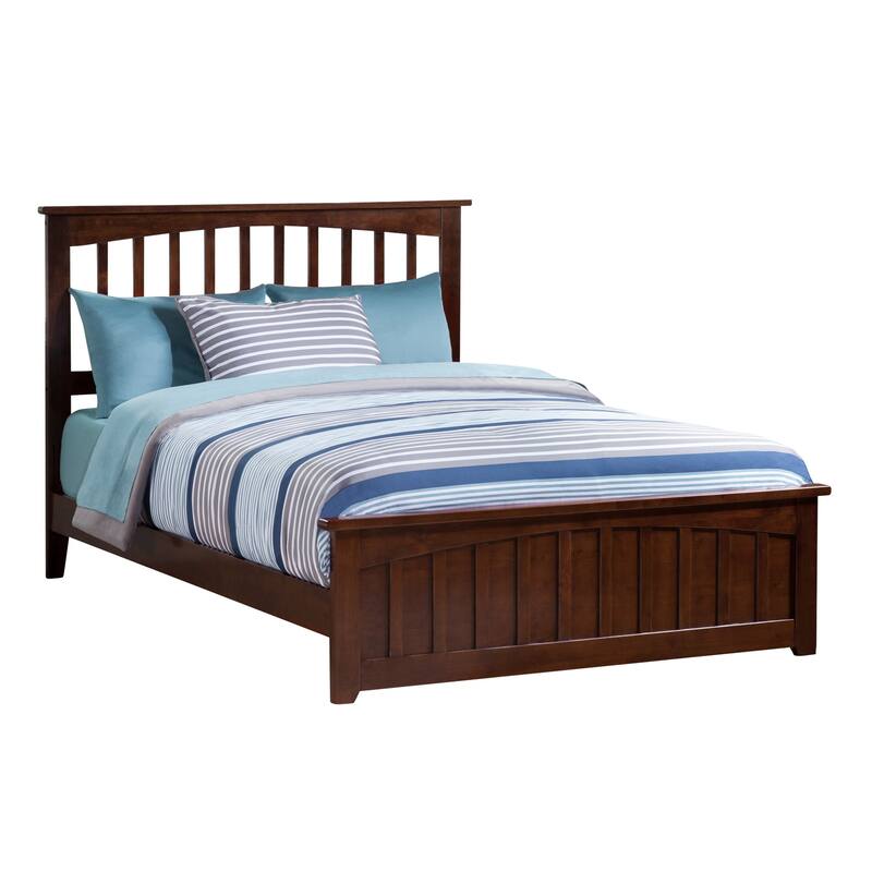 Low Profile Platform Bed with Footboard - Walnut Mission Style Wood Bed Frame & USB Charger
