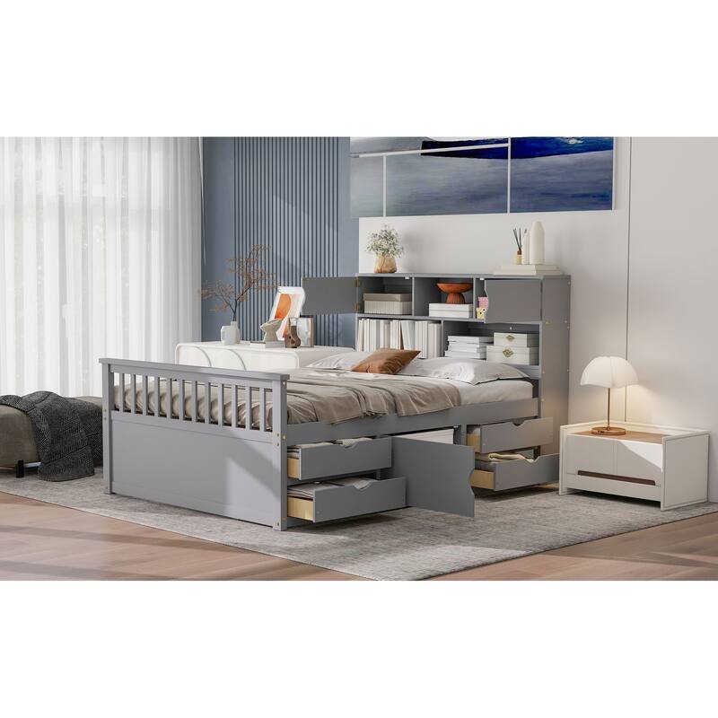 Full Size Captain Platform Bed Frame with Storage Bookcases Shelves and Four Drawers