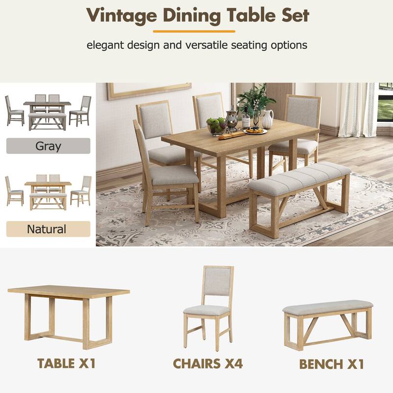 6-Piece Retro Farmhouse Dining Table Set, 60" Wood Table with 4 Upholstered Chairs and Bench for Kitchen & Dining Room
