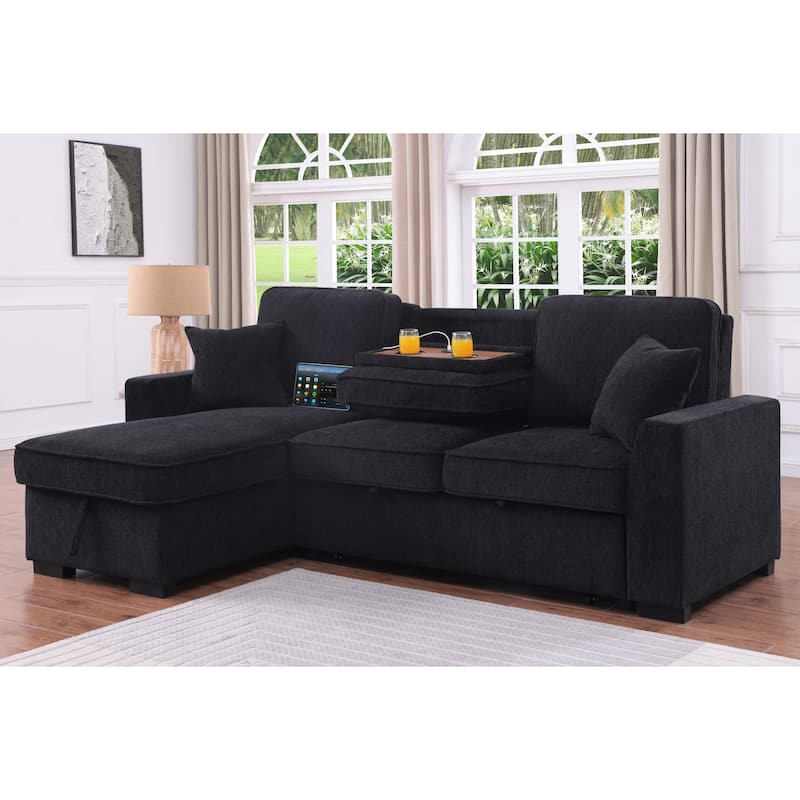 Chenille Reversible Sectional Sofa Convertible Pull Out Couch Bed