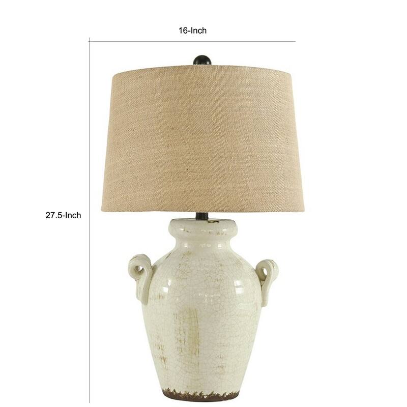 Ceramic Table Lamp with Vase Shaped Body and Fabric Shade, White and Beige