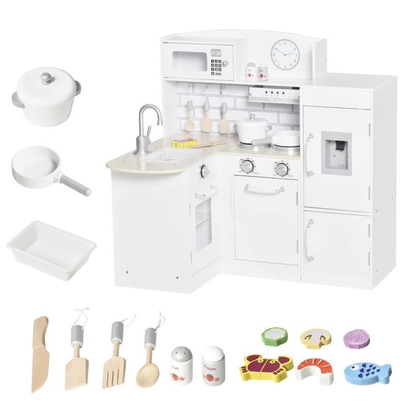 Kids Wooden Corner Kitchen Playset with Sink Stove Refrigerator and Accessories White Silver Pretend Cooking