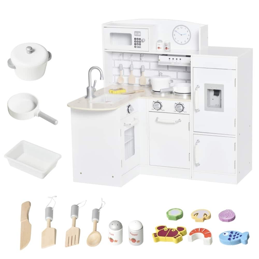 Kids Wooden Corner Kitchen Playset with Sink Stove Refrigerator and Accessories White Silver Pretend Cooking