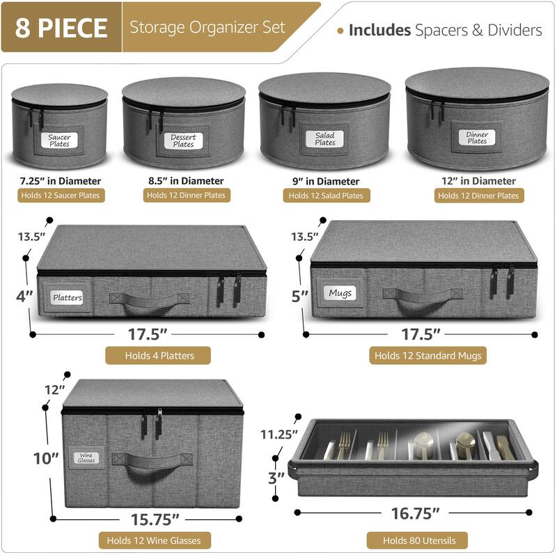 8-Piece China Dinnerware Storage Set - Grey
