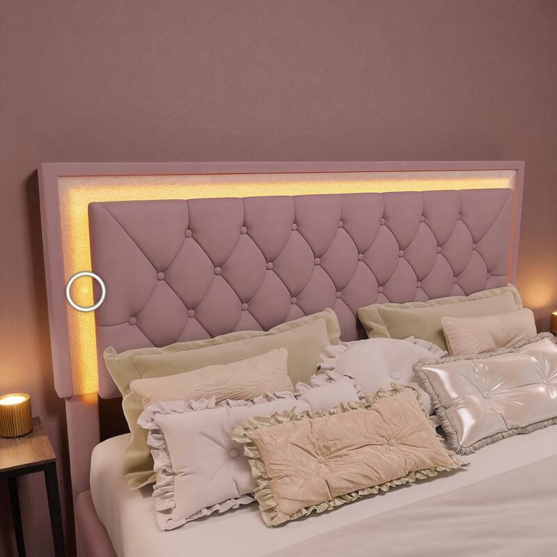 Queen Size Velvet Upholstered Bed Frame with LED Lights, Modern Tufted Headboard Platform Bed with Slats