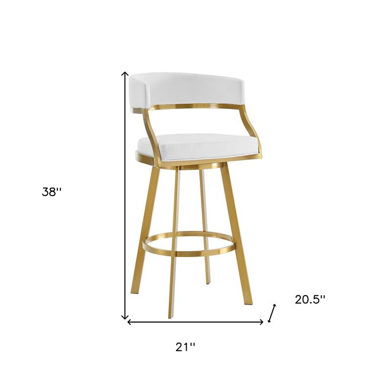 HomeRoots 26" White and Gold Faux Leather and Stainless Steel Low Back Counter Height Swivel Bar Chair