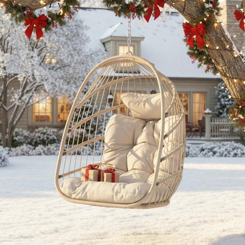 Outdoor Indoor Wicker Foldable Hanging Egg Chair Without Stand, Patio Swing Chair with Cushion, 350 lb Capacity