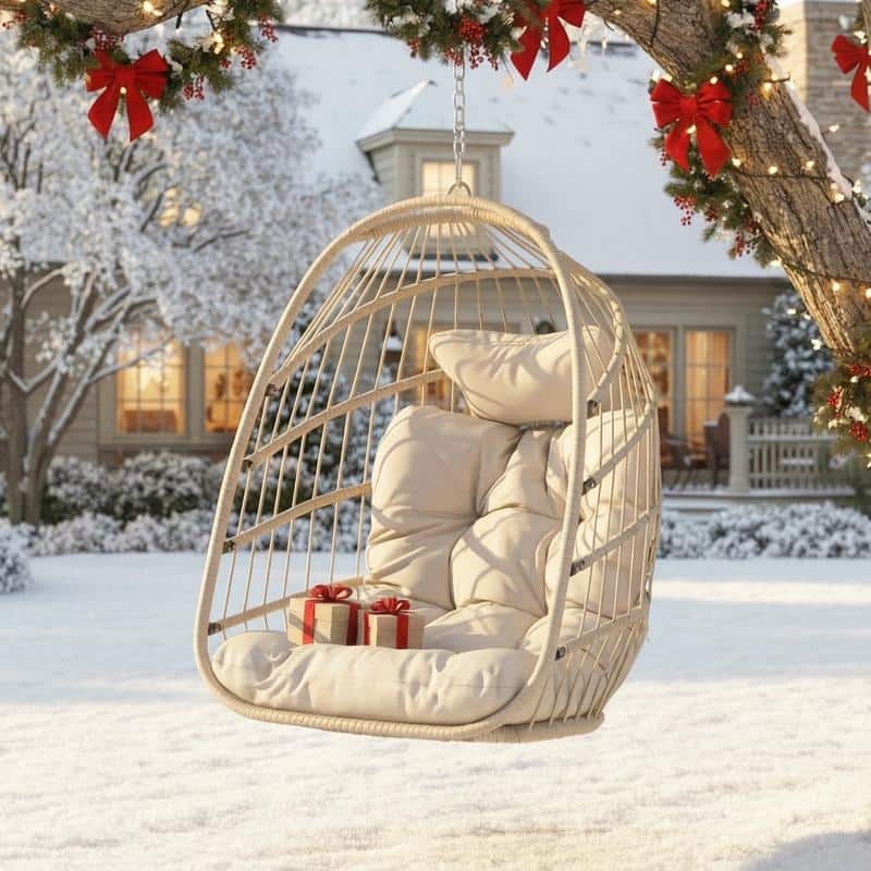 Outdoor Indoor Wicker Foldable Hanging Egg Chair Without Stand, Patio Swing Chair with Cushion, 350 lb Capacity