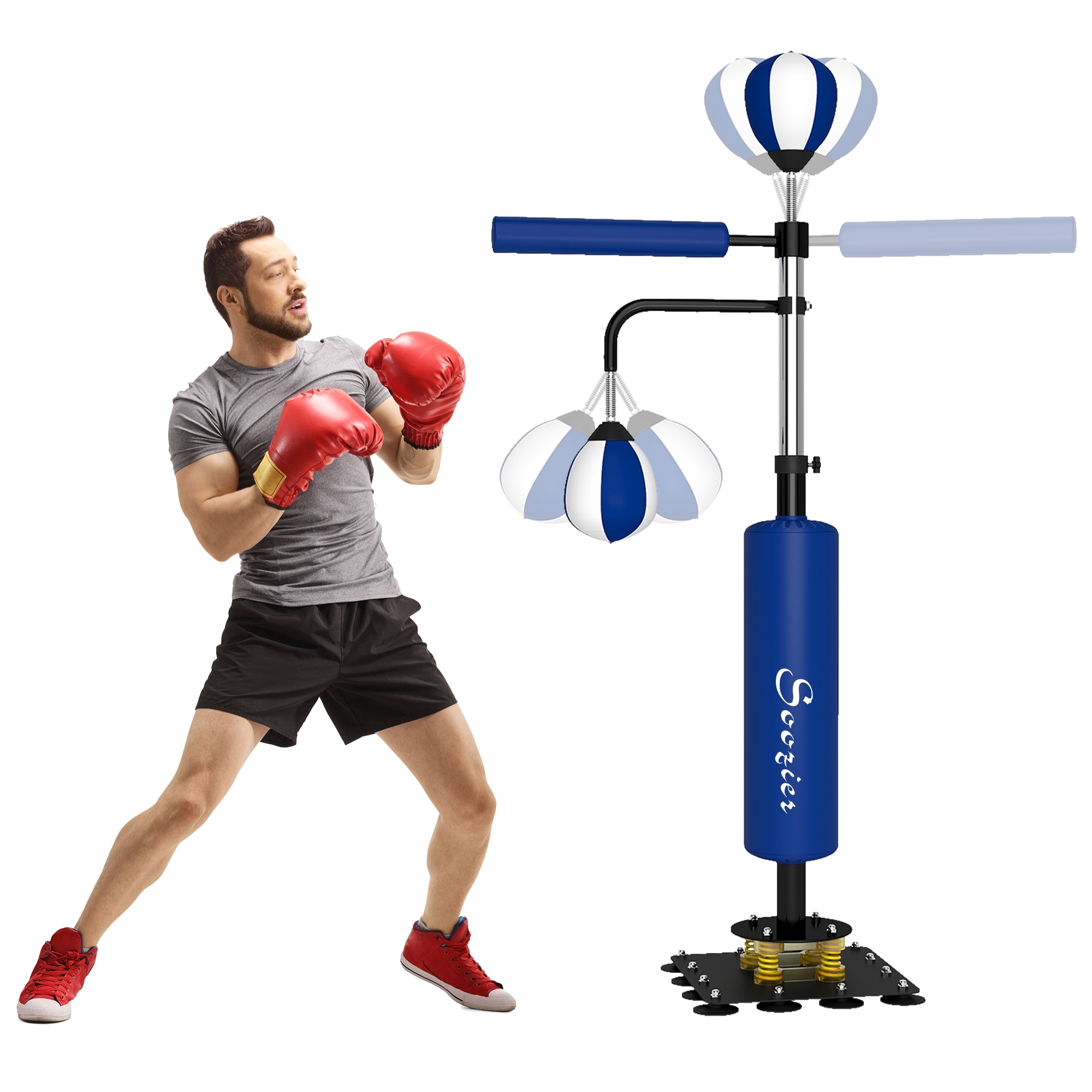 Soozier 4.6'-6.7' Boxing Bag Stand with Speed Bag and Reaction Bar Challenge, Reflex Bag Boxing Training Equipment ,Blue