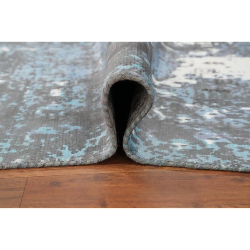 Hand Knotted Oriental Viscose Silk Carpet Modern Abstract Navy Blue & Blues Abstract Area Rug - 7' 5'' X 5' 4''