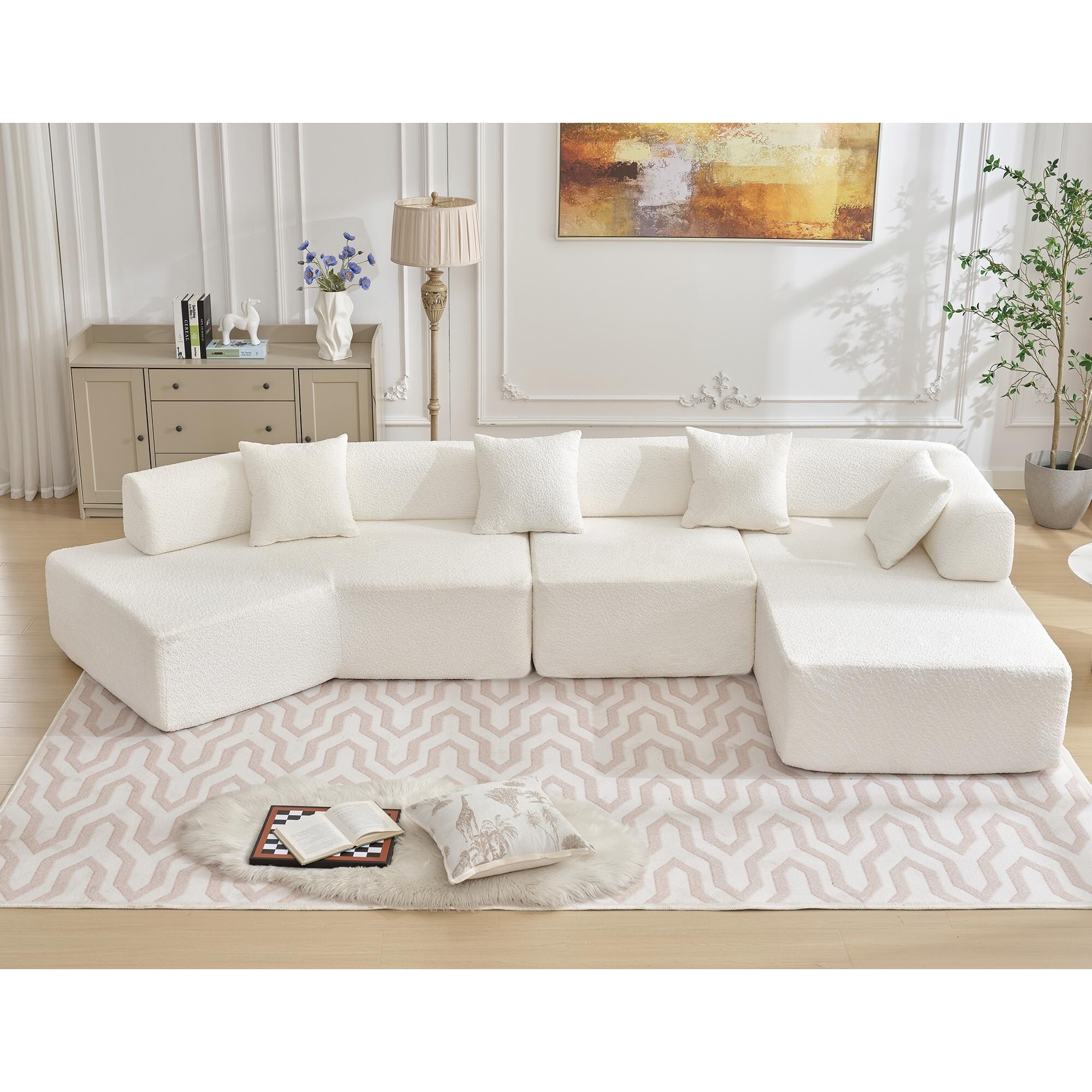 Modern L Shape Couch Boucle Modular Sofa Couch Lounger White