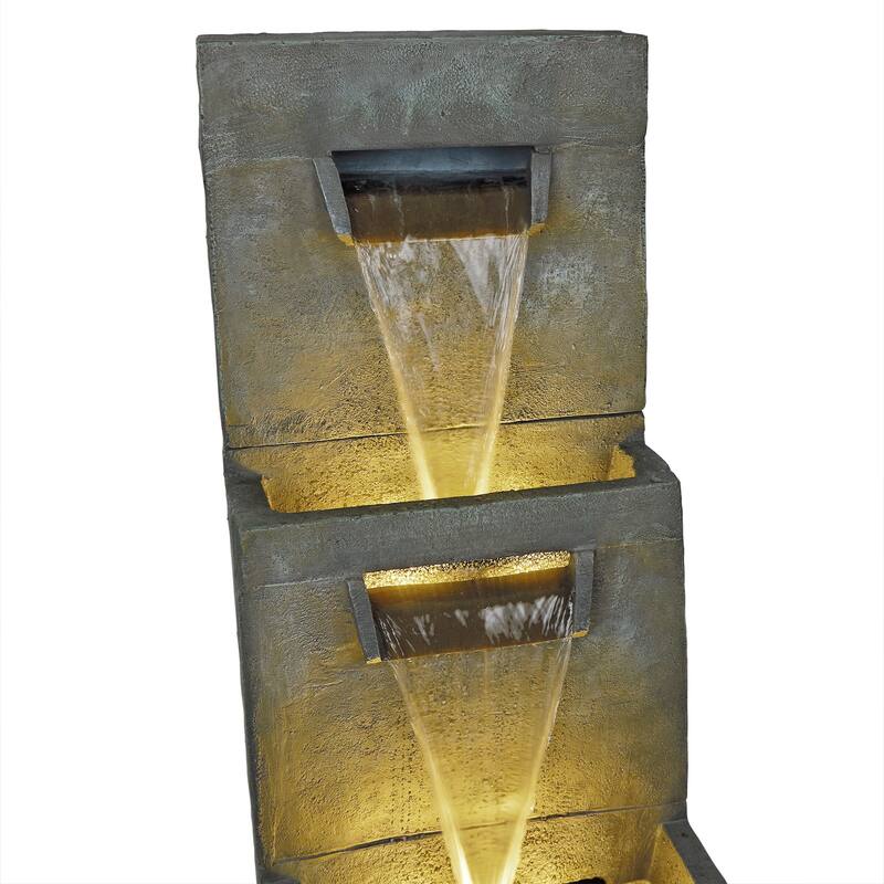 2-Tier Polyresin Modern Stone Wall Fountain w/ Warm White LED