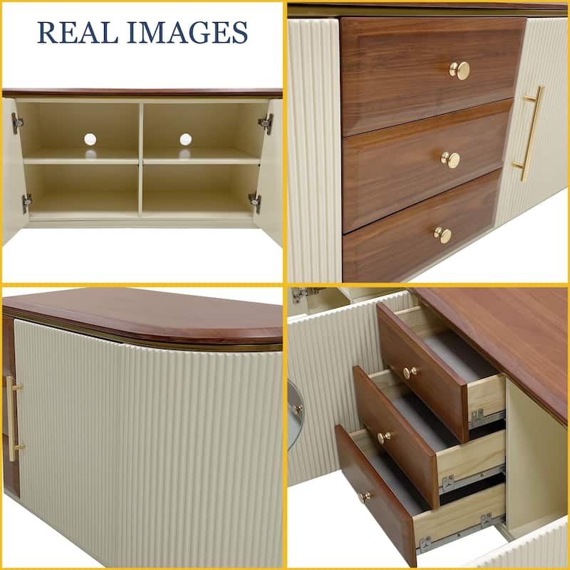 78.74" Mid-Century TV Stands, Fully Assembled,Brown Solid Wood Veneer, Media Console With 5 Cabinets+3 Drawers - 78.74