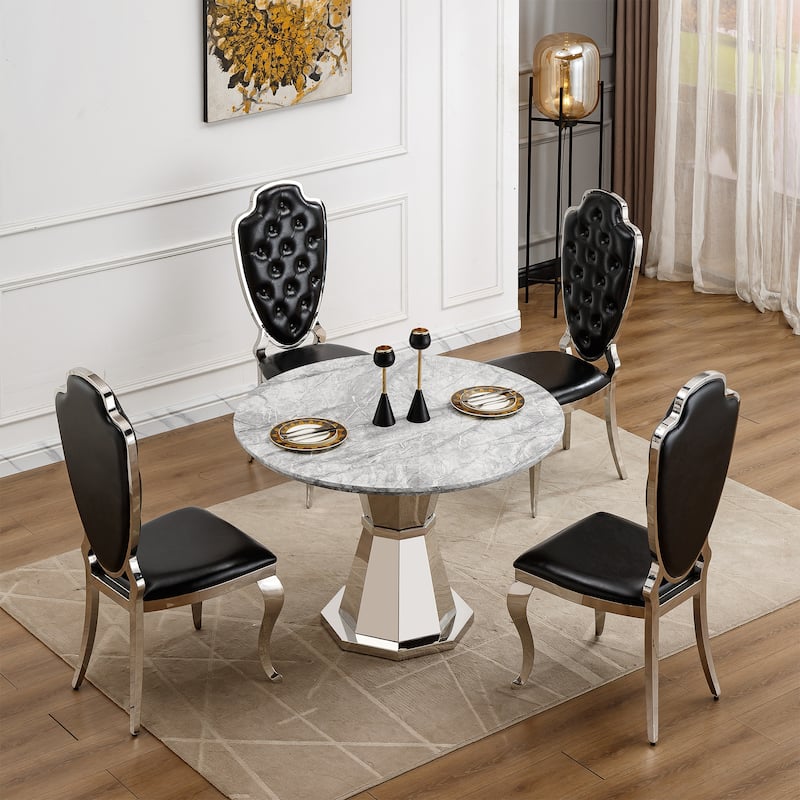47" Round Dining Table with Faux Marble Tabletop and Stainless Steel Base - Gray+Silver