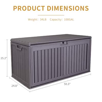 Brown Resilient Resin Storage Deck Box with Hydraulic Lid and Side Handle and for Home Terrace and Garden
