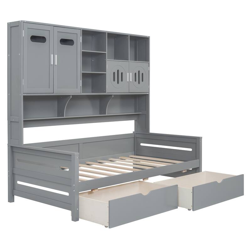 Contemporary Twin/Full Size Wooden Daybed with 2 Storage Drawers, Cabinet, and Shelf - Solid Wood Slats