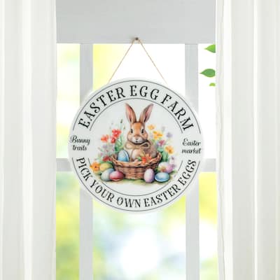 Glitzhome 11.75"D Easter Wooden & Epoxy Bunny Round Wall/Door Hanger